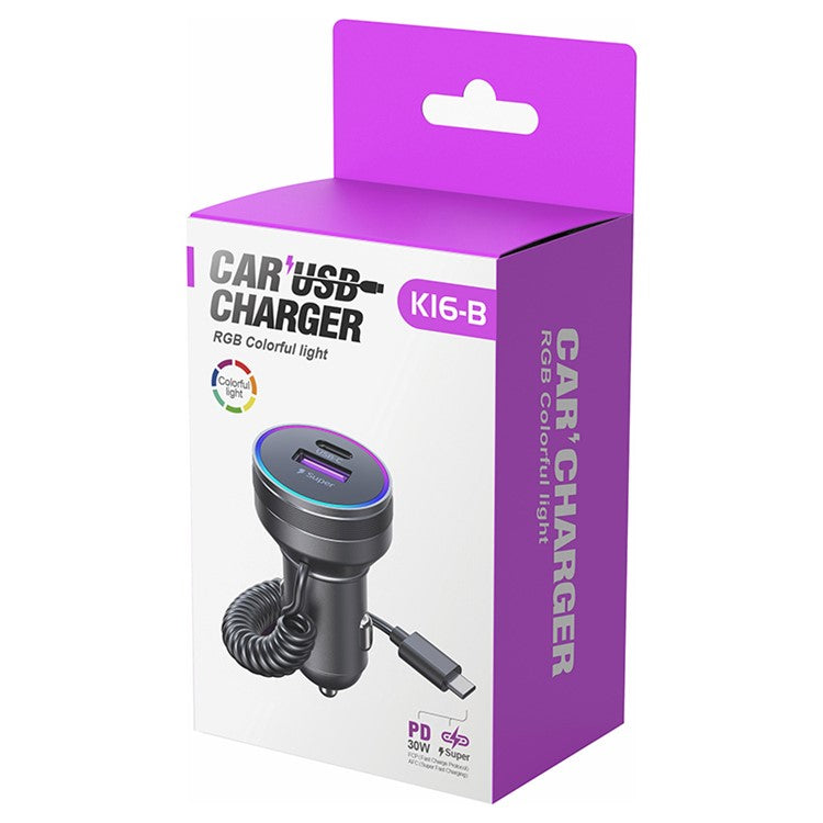K16B RGB Light 12-24V Car Charger Adapter with PD 30W Type C Spring Cable