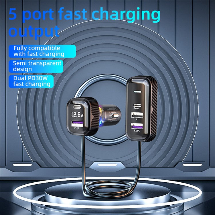 YQ6 PD 30W Fast Charging 2 Type-C + 3 USB Car Charger with 1.5m Extension Wire for iPhone Huawei
