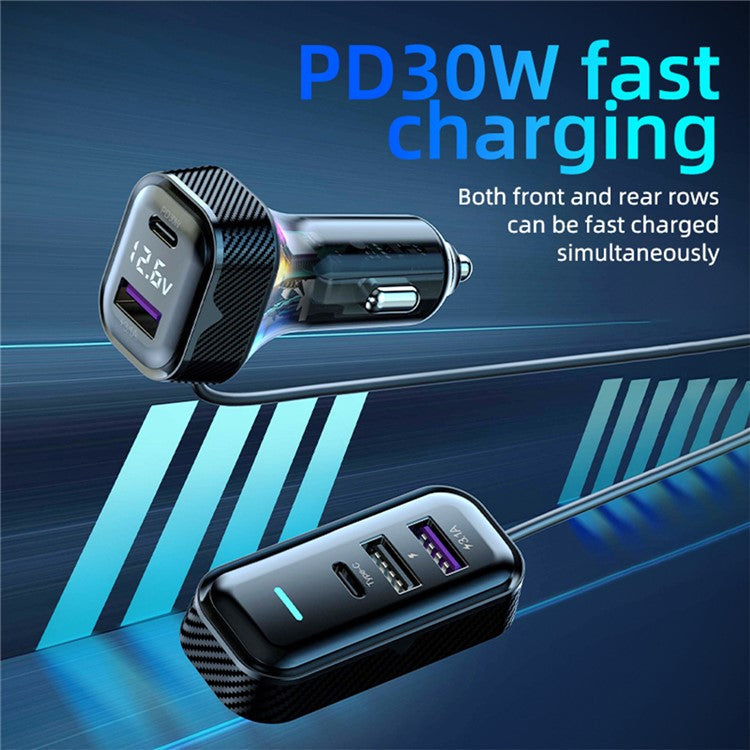 YQ6 PD 30W Fast Charging 2 Type-C + 3 USB Car Charger with 1.5m Extension Wire for iPhone Huawei