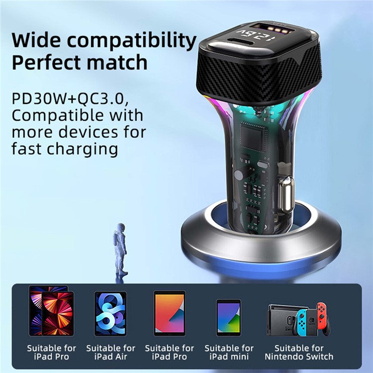 YQ6 PD 30W Fast Charging 2 Type-C + 3 USB Car Charger with 1.5m Extension Wire for iPhone Huawei