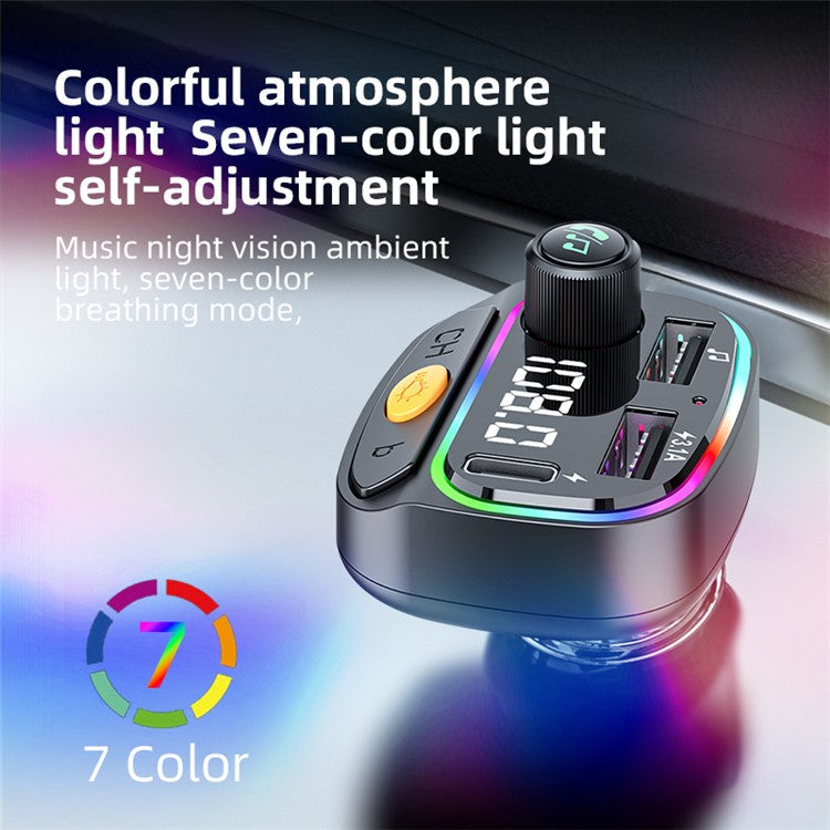 C2 Multifunctional Bluetooth MP3 Player Type-C+2 USB Car Charger with Ambient Light