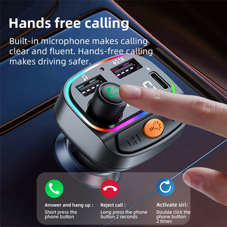 C2 Multifunctional Bluetooth MP3 Player Type-C+2 USB Car Charger with Ambient Light