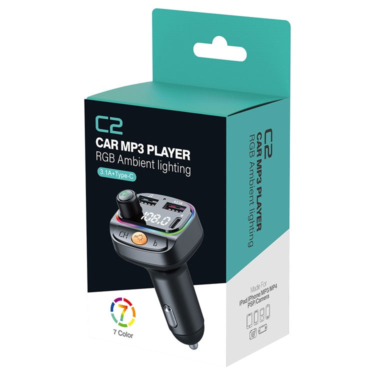 C2 Multifunctional Bluetooth MP3 Player Type-C+2 USB Car Charger with Ambient Light