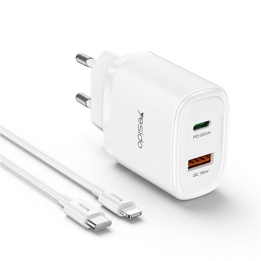 YESIDO YC47 20W EU Plug USB+Type-C Charging Adapter Wall Charger with Type-C to iP Cable - White