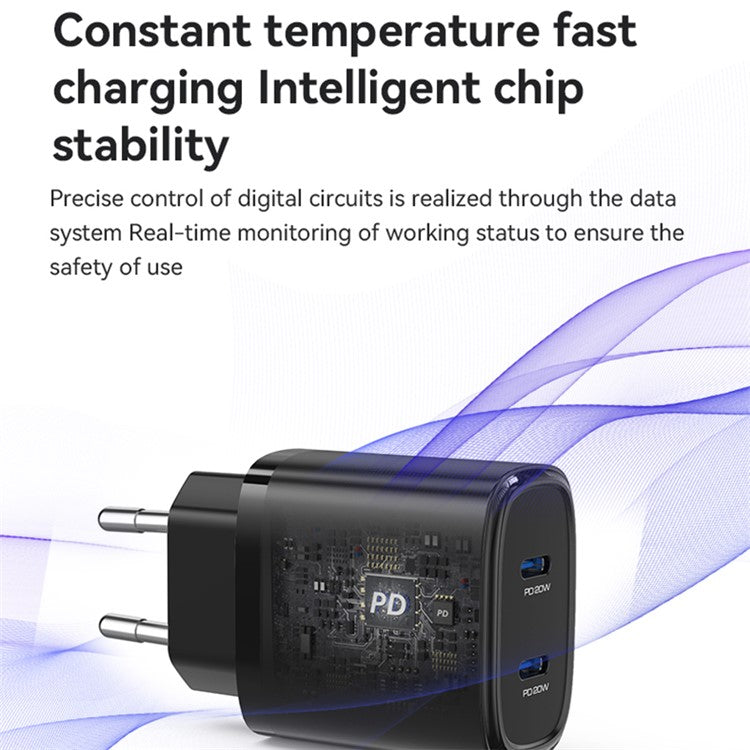 YESIDO YC56 20W EU Plug Wall Charger Adapter with Type-C Cable - Black