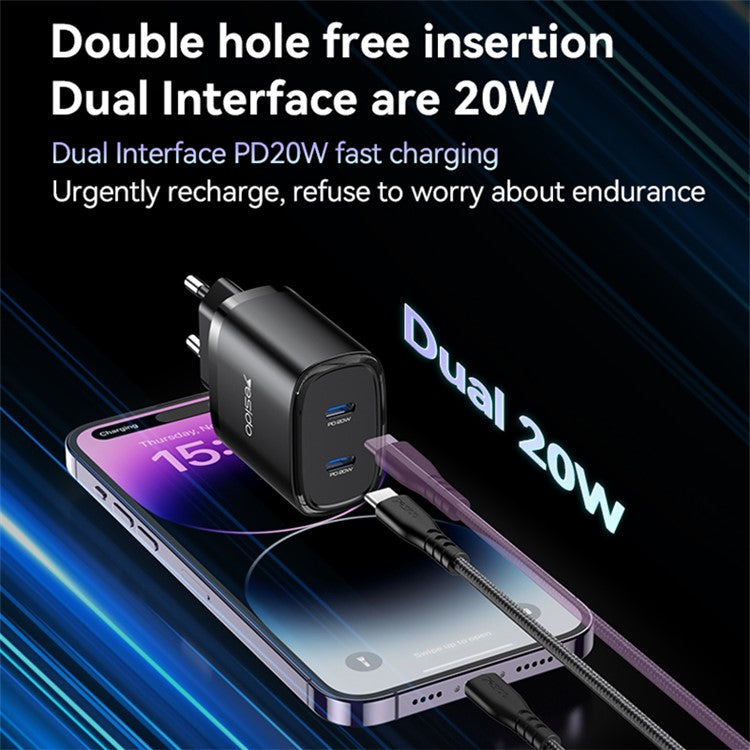 YESIDO YC56 20W EU Plug Wall Charger Adapter with Type-C Cable - Black