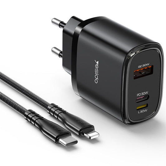 YESIDO YC52 30W EU Plug 3-Port Fast Charging Adapter Wall Charger with Type-C to iP Cable - Black