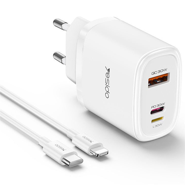 YESIDO YC52 30W EU Plug 3-Port Fast Charging Adapter Wall Charger with Type-C to 8-Pin Cable - White