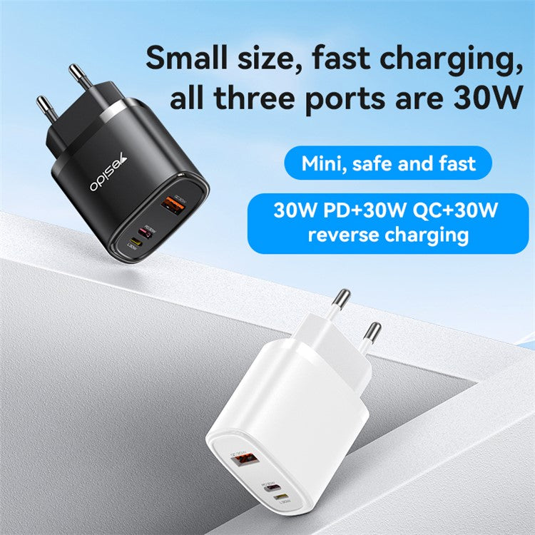 YESIDO YC52 30W EU Plug 3-Port Fast Charging Adapter Wall Charger with Type-C to 8-Pin Cable - White