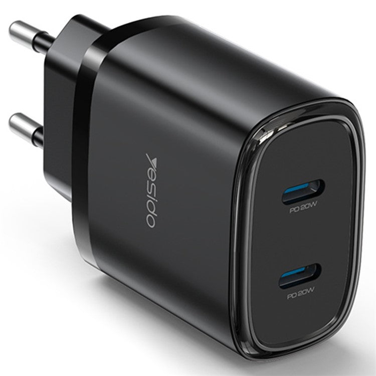 YESIDO YC54 20W EU Plug Dual Type-C Ports Charging Adapter Wall Charger with USB-C to iP Cable - Black