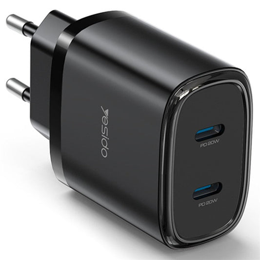 YESIDO YC54 20W EU Plug Dual Type-C Ports Charging Adapter Wall Charger with USB-C to iP Cable - Black