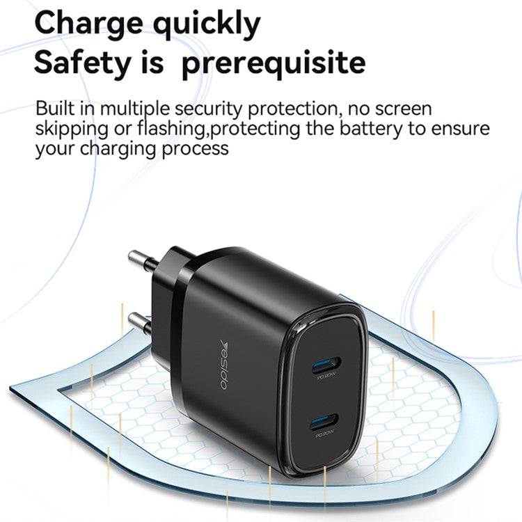 YESIDO YC54 20W EU Plug Dual Type-C Ports Charging Adapter Wall Charger with USB-C to iP Cable - Black