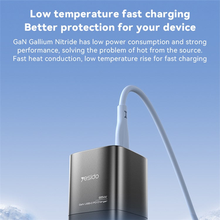 YESIDO YC65 PD 65W GaN Wall Charger 2 Type-C + 1 USB-A Phone Charging Adapter, EU Plug