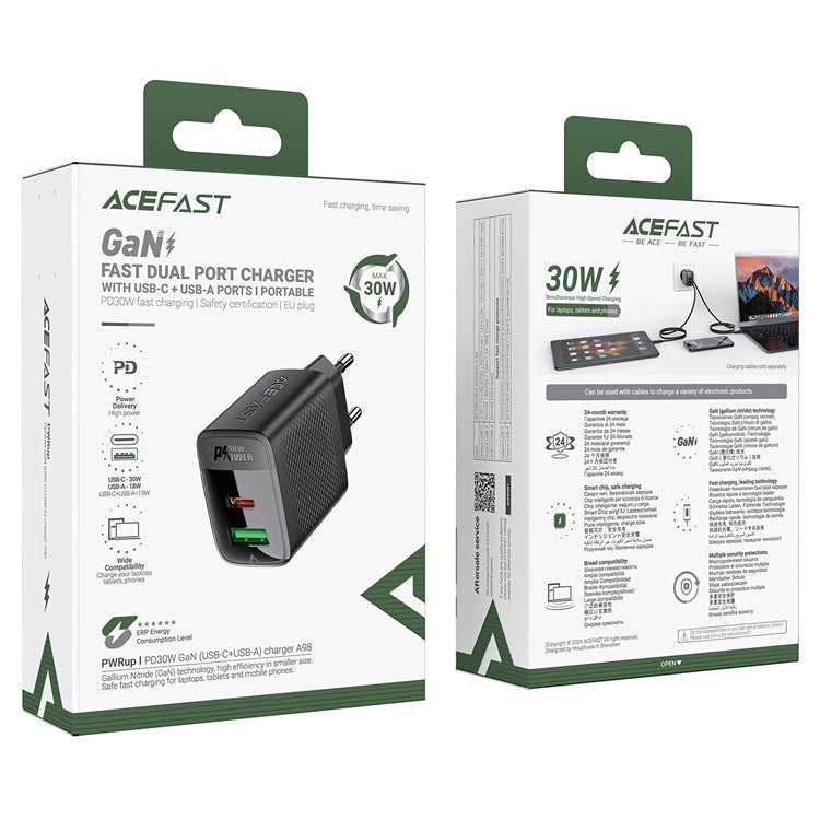 ACEFAST A98 PD 30W GaN Wall Charger Type-C+USB-A EU Plug Charger Block, EU Plug