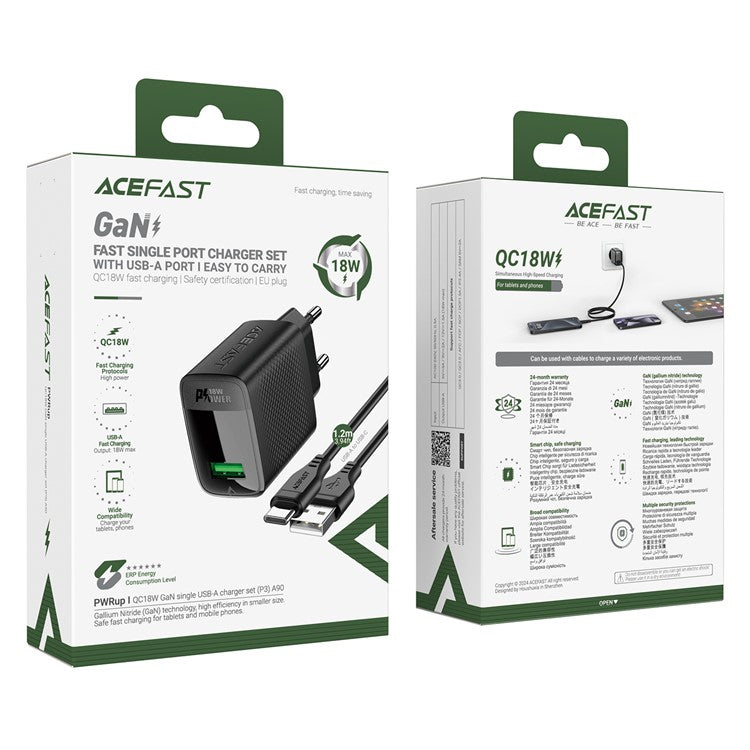 ACEFAST A90 GaN Wall Charger QC 18W Single USB-A Power Adapter with Type-C Cable - EU Plug
