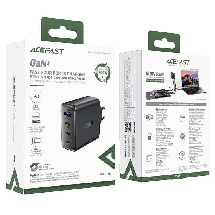 ACEFAST A94 PD 100W GaN Phone Charger 3 Type-C + USB-A Four Ports Power Adapter, EU Plug