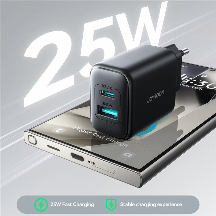 JOYROOM JR-TCF13 Phone Charger Type-C + USB-A Dual Port 25W Fast Charging Adapter for iPhone 16-15 Series , EU Plug