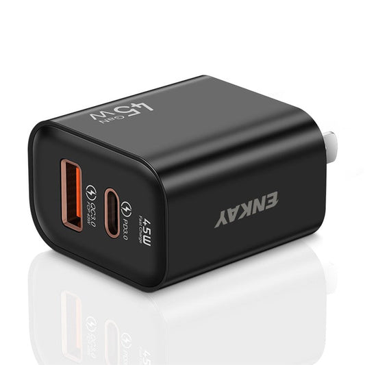 ENKAY ENK-FC001 45W USB-A + Type-C Dual Port Wall Charger Power Adapter - Black