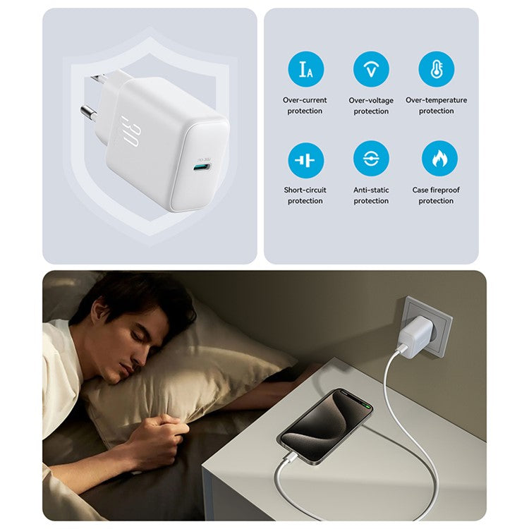 JOYROOM JR-TCF24 PD 30W Fast Charging Power Adapter Type-C Mini Wall Charger, EU Plug for iPhone 16-15 Series - White