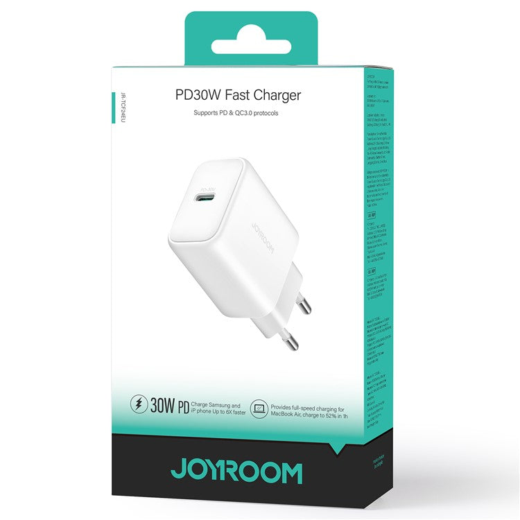 JOYROOM JR-TCF24 PD 30W Fast Charging Power Adapter Type-C Mini Wall Charger, EU Plug for iPhone 16-15 Series - White