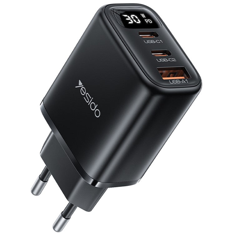 YESIDO YC69 Digital Display 30W Wall Charger 2 Type-C + 1 USB-A Phone Charging Adapter, EU Plug