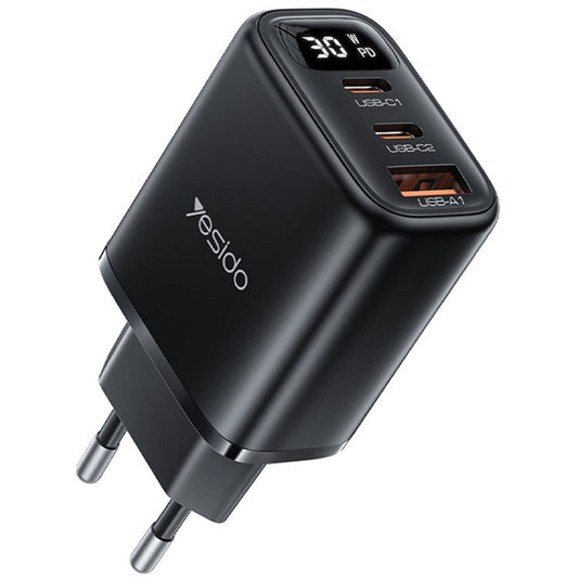 YESIDO YC69 Digital Display 30W Wall Charger 2 Type-C + 1 USB-A Phone Charging Adapter, EU Plug