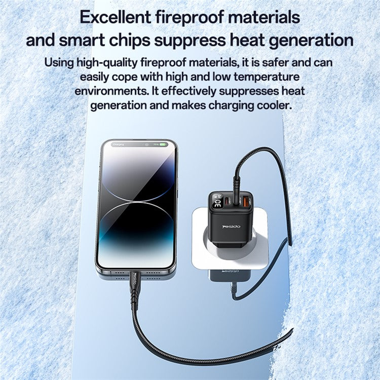 YESIDO YC69 Digital Display 30W Wall Charger 2 Type-C + 1 USB-A Phone Charging Adapter, EU Plug