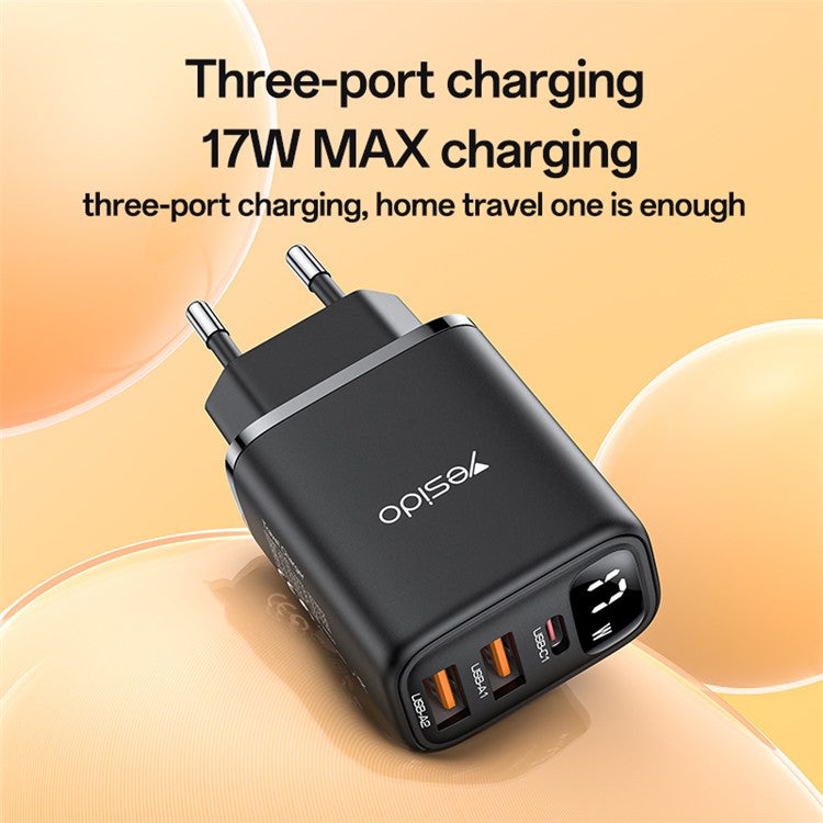 YESIDO YC67 Digital Display 17W Wall Charger 2 USB + 1 Type-C Phone Tablet Charging Adapter, EU Plug