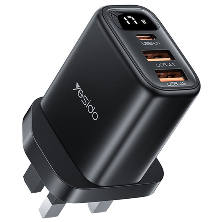 YESIDO YC86 17W Digital Display Wall Charger 2 USB + 1 Type-C Phone Charging Adapter, UK Plug