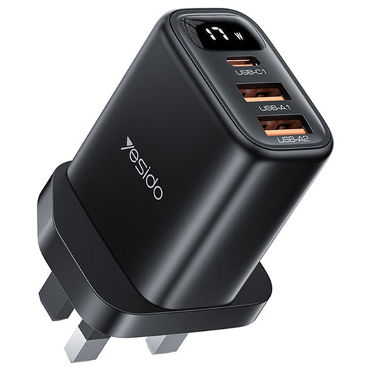 YESIDO YC86 17W Digital Display Wall Charger 2 USB + 1 Type-C Phone Charging Adapter, UK Plug