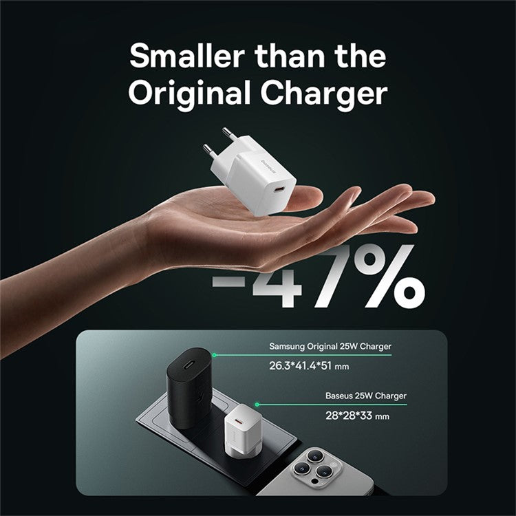 BASEUS GaN5 Fast Charger 25W Type-C Port Wall Charger EU Plug Adapter (Mini), with Type-C to Type-C Cable - White