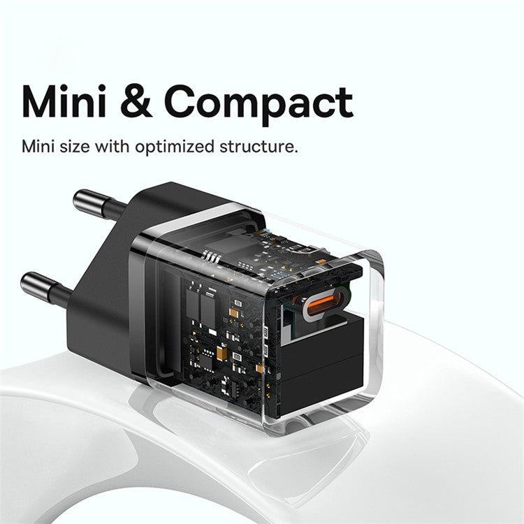 BASEUS GaN5 Fast Charger 30W Single Type-C Wall Charger EU Plug Adapter (Mini), with Type-C to Type-C Cable - Black