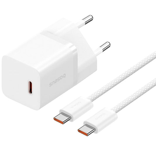 BASEUS GaN5 Fast Charger 30W Single Type-C Wall Charger EU Plug Adapter (Mini), with Type-C to Type-C Cable - White