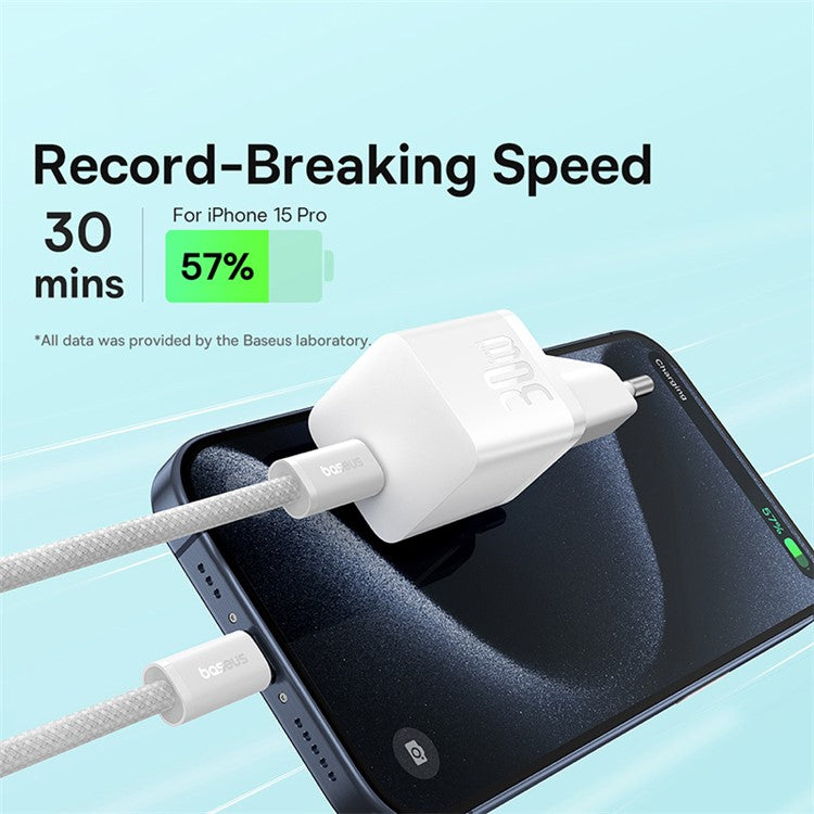 BASEUS GaN5 Fast Charger 30W Single Type-C Wall Charger EU Plug Adapter (Mini), with Type-C to Type-C Cable - White