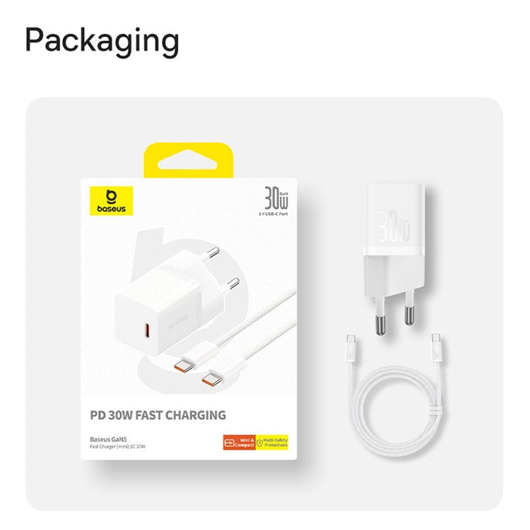 BASEUS GaN5 Fast Charger 30W Single Type-C Wall Charger EU Plug Adapter (Mini), with Type-C to Type-C Cable - White