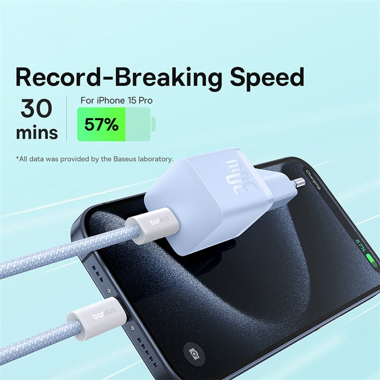 BASEUS GaN5 Fast Charger 30W Single Type-C Wall Charger EU Plug Adapter (Mini), with Type-C to Type-C Cable - Blue