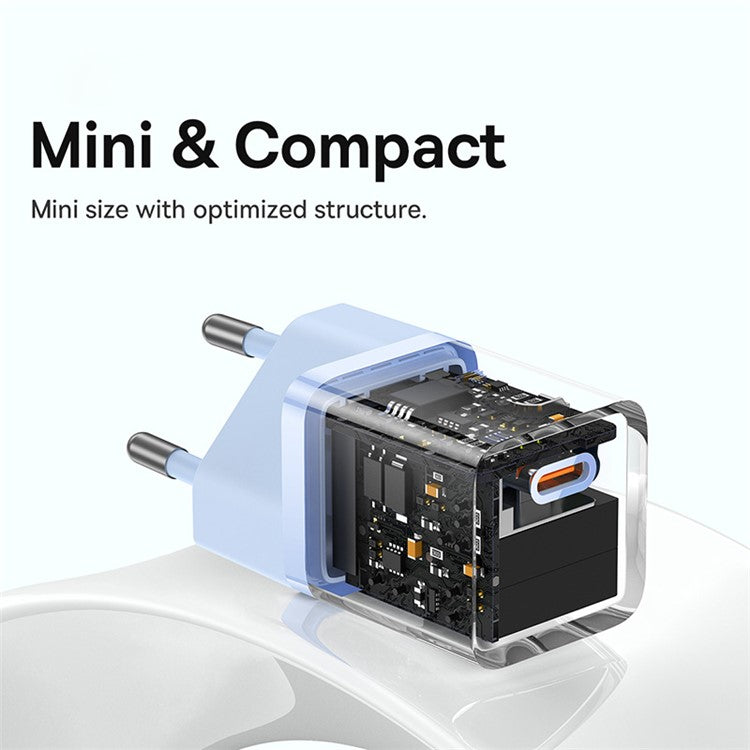 BASEUS GaN5 Fast Charger 30W Single Type-C Wall Charger EU Plug Adapter (Mini), with Type-C to Type-C Cable - Blue
