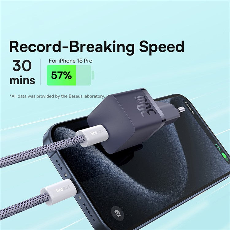 BASEUS GaN5 Fast Charger 30W Single Type-C Wall Charger EU Plug Adapter (Mini), with Type-C to Type-C Cable - Purple