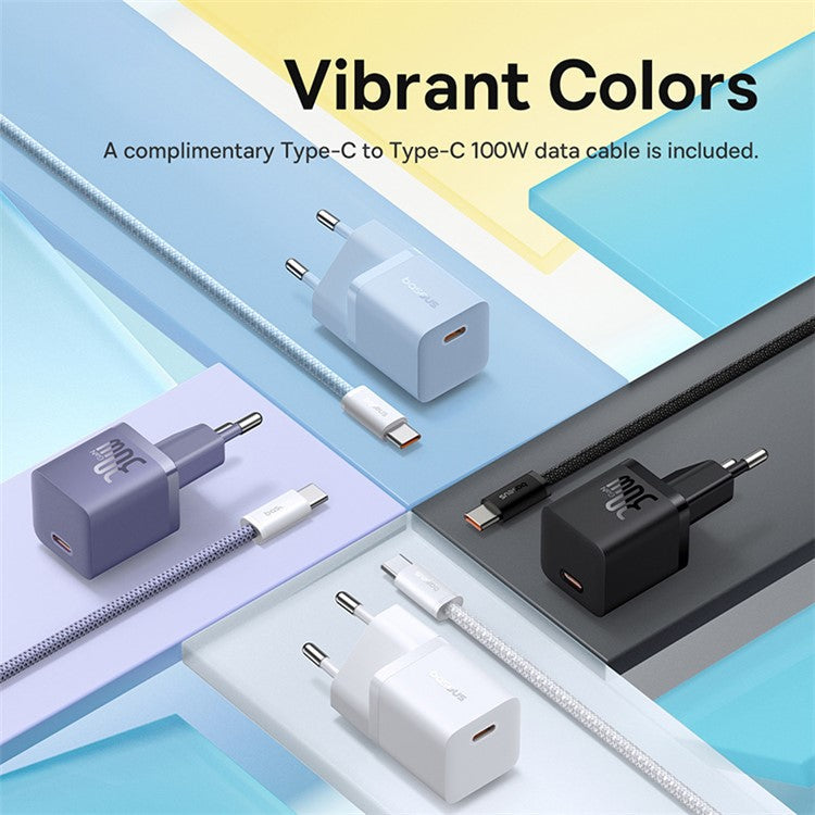 BASEUS GaN5 Fast Charger 30W Single Type-C Wall Charger EU Plug Adapter (Mini), with Type-C to Type-C Cable - Purple