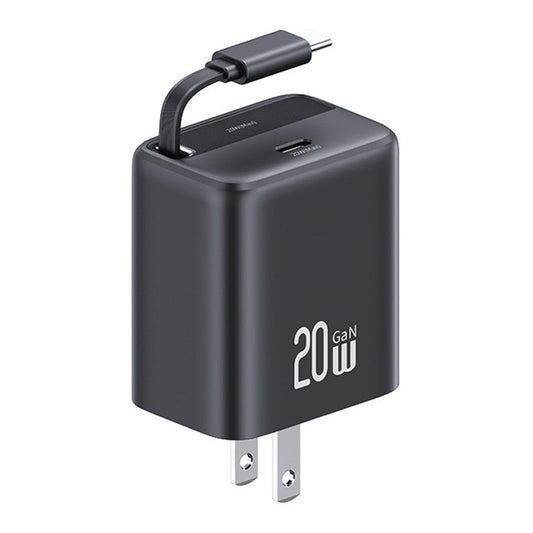 USAMS CC235 GaN Charger 20W Fast Wall Power Adapter with Retractable Cable, US Plug - Black