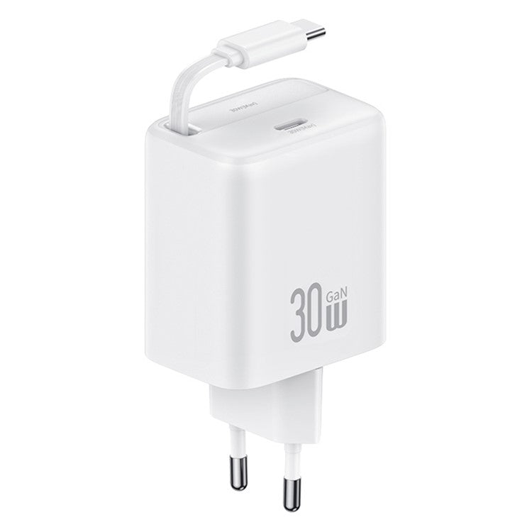 USAMS CC241 30W Type-C Charger GaN PD3.0+QC3.0 Power Adapter with Retractable Cable, EU Plug - White