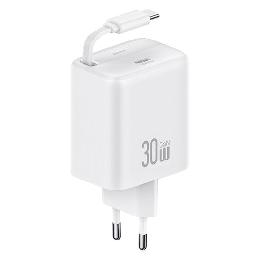 USAMS CC241 30W Type-C Charger GaN PD3.0+QC3.0 Power Adapter with Retractable Cable, EU Plug - White