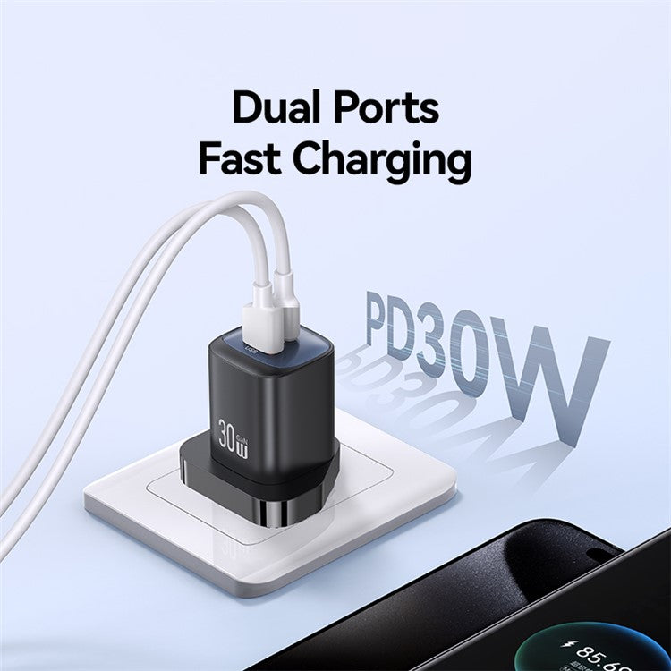 USAMS CC256 30W Dual Port GaN Charger Type-C + USB-A Fast Charging Adapter, UK Plug - Black