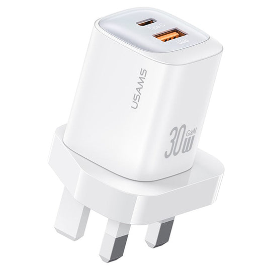 USAMS CC256 30W Dual Port GaN Charger Type-C + USB-A Fast Charging Adapter, UK Plug - White