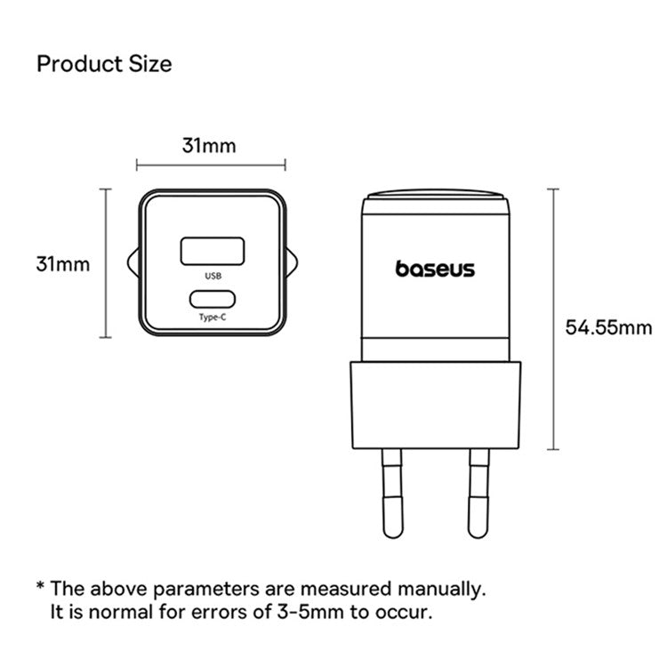 BASEUS Palm USB+Type-C Dual Port 20W Fast Charger EU Plug Wall Charging Adapter - Black