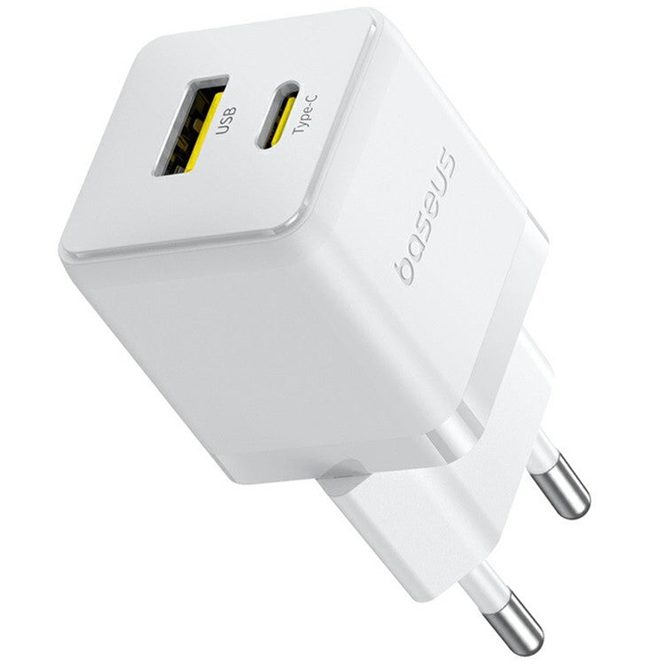BASEUS Palm USB+Type-C Dual Port 20W Fast Charger EU Plug Wall Charging Adapter - White