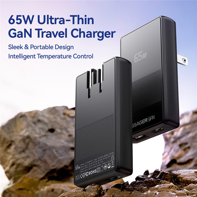 ESSAGER Type-C + USB-A Dual Port 65W Ultra Thin GaN Travel Charger with Detachable US Plug