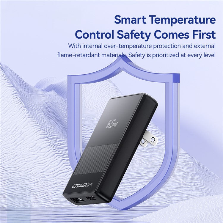 ESSAGER Type-C + USB-A Dual Port 65W Ultra Thin GaN Travel Charger with Detachable US Plug