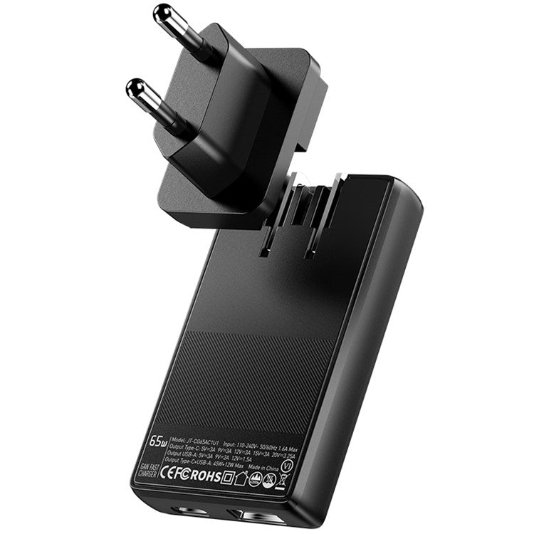 ESSAGER 65W Ultra Thin GaN Travel Charger Type-C + USB-A Dual Port Adapter with Detachable Plug - EU Plug