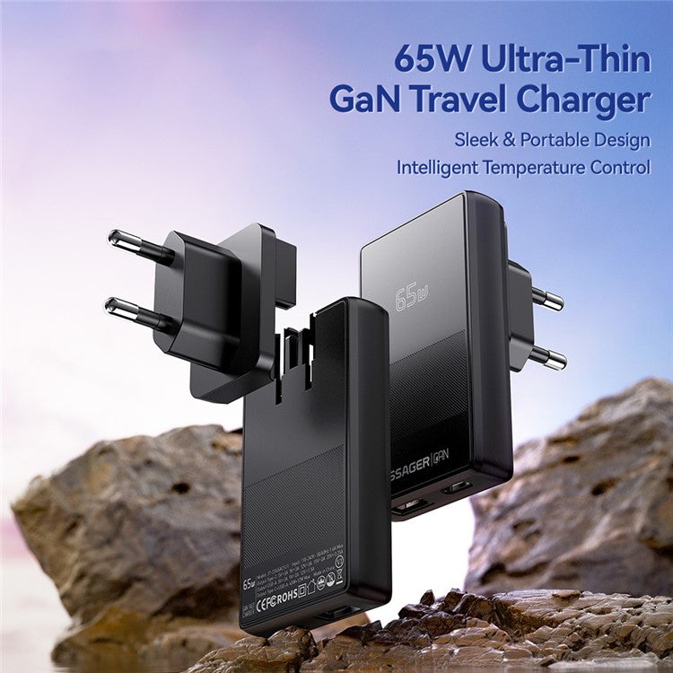 ESSAGER 65W Ultra Thin GaN Travel Charger Type-C + USB-A Dual Port Adapter with Detachable Plug - EU Plug